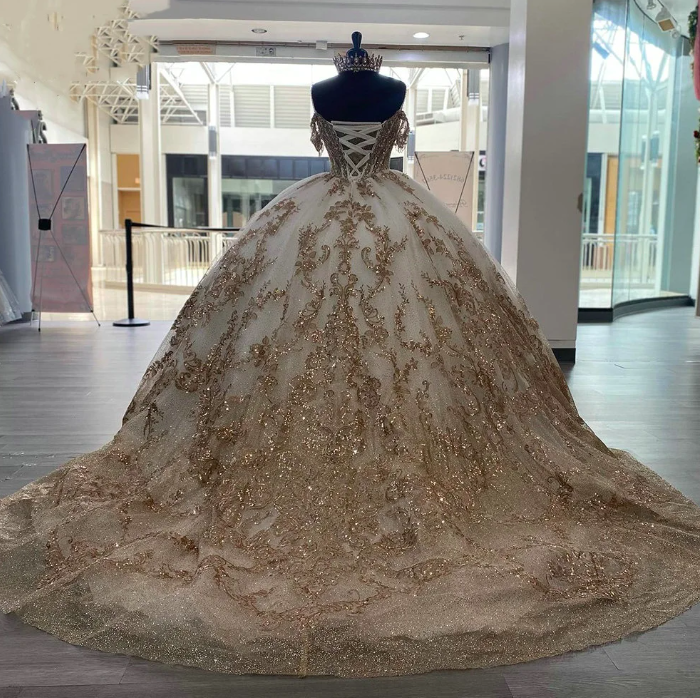 Champagne Off the Shoulder Quinceañera Dresses Lace Applique Ball Gown 20467