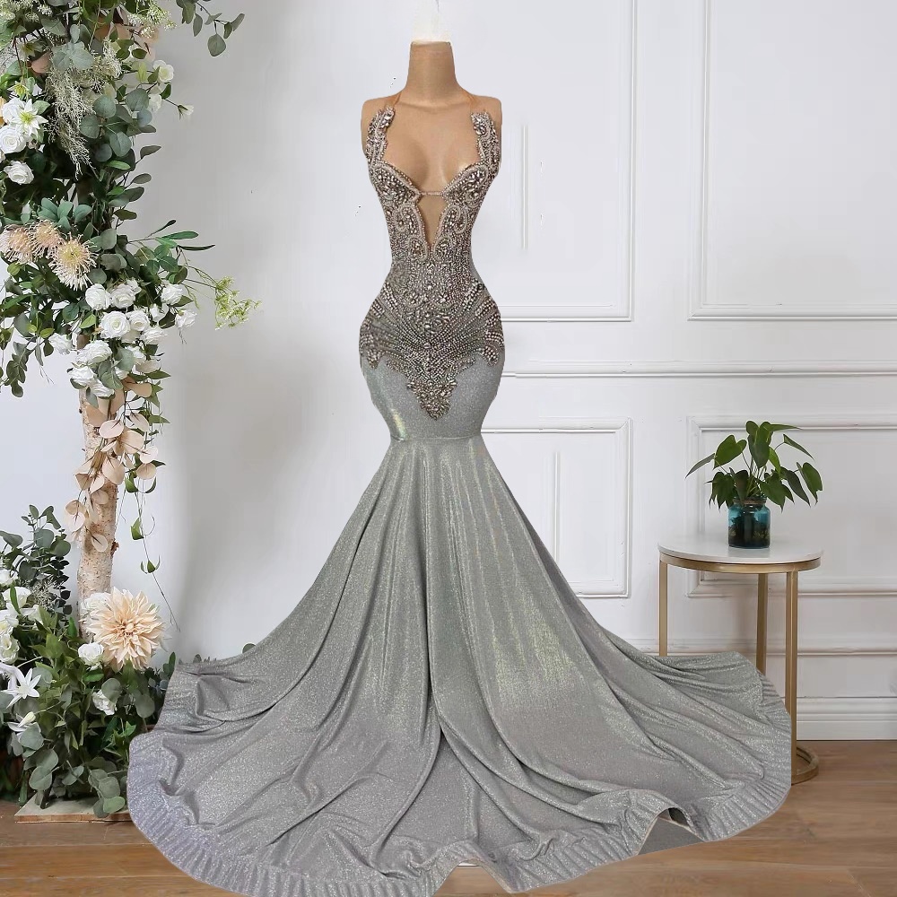Silver Crystal Prom Dresses Long For Women 2025 Sparkly Beaded Mermaid ...