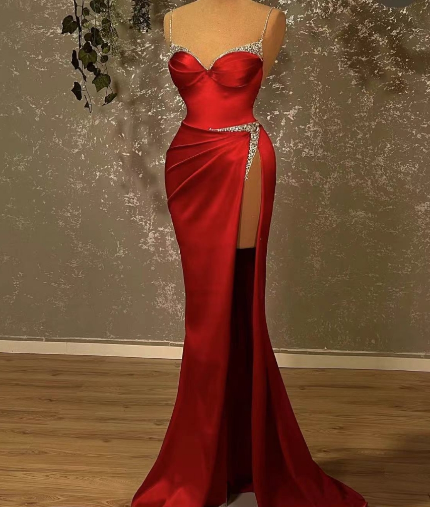 Red Spaghetti Straps Mermaid Prom Dresses Long For Women 2025 Crystal ...