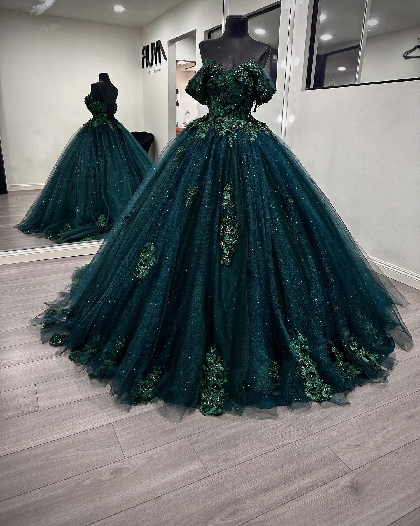 Green Off Shoulder Floral Appliques Quinceanera Dress Sweet 16 Ball Gown, DP2612