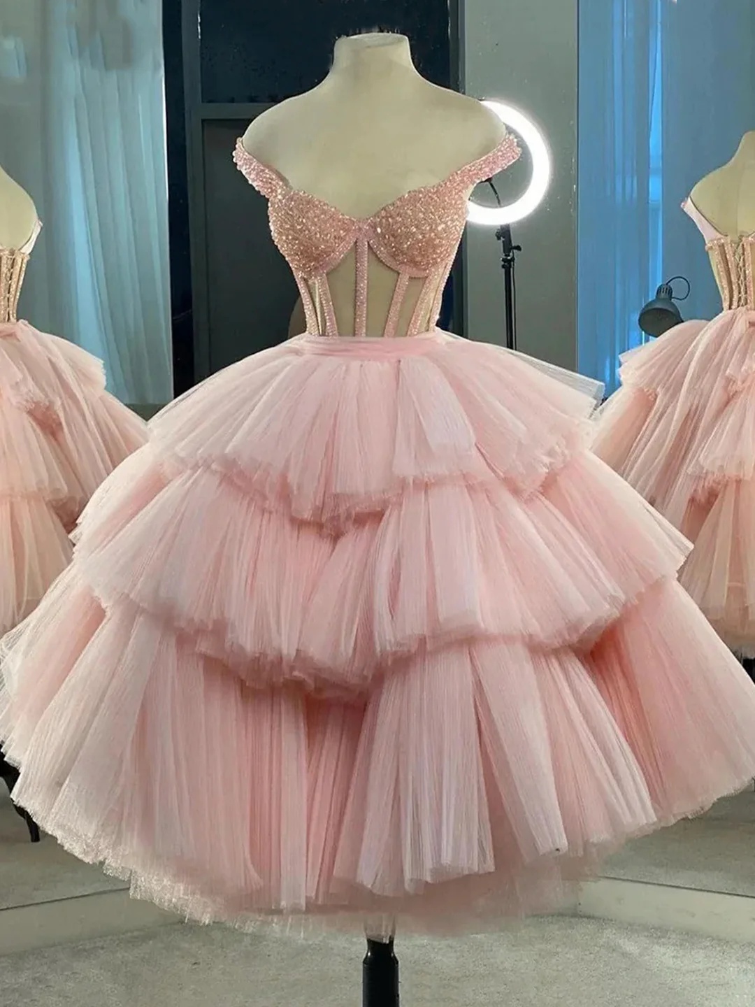 Princess Pink Beading Fitted Tiered Tulle Prom Dress with Slit main image 1