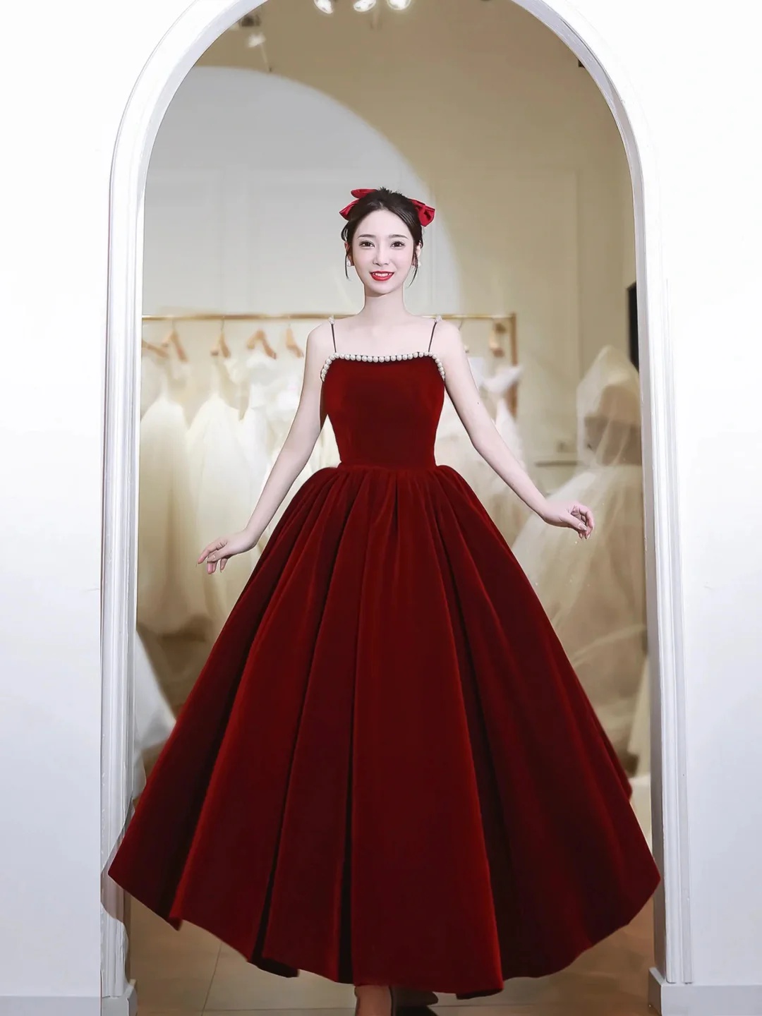 Burgundy Velvet Tea Length Prom Dress with with Pearls main image 1