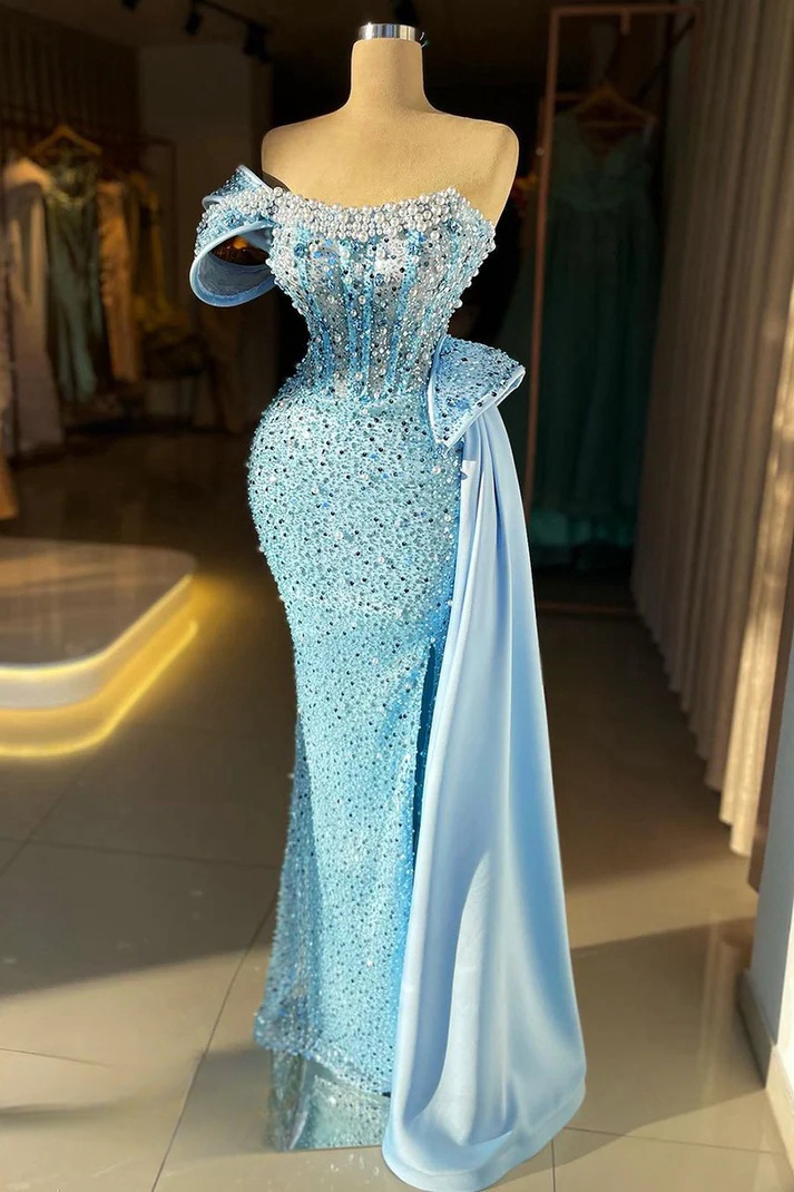 Light Blue Mermaid Prom Dresses Long For Women 2025 Strapless Neckline ...