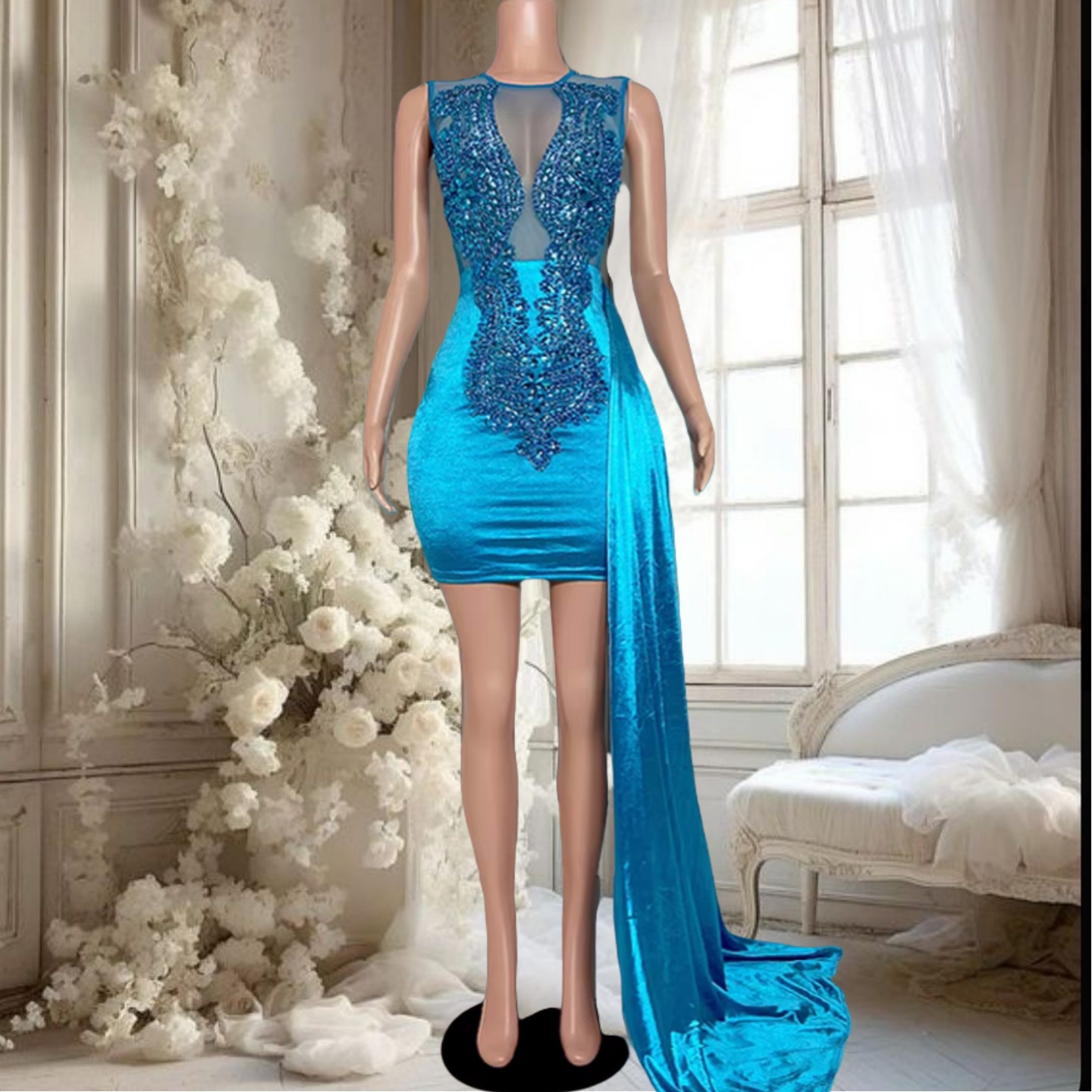 Elegant Blue Diamond Prom Dresses Short With Side Train Luxury ...