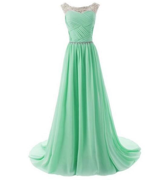 Cap Sleeve Chiffon Mint Green Long Rhinestones Elegant Cheap Bridesmaid ...
