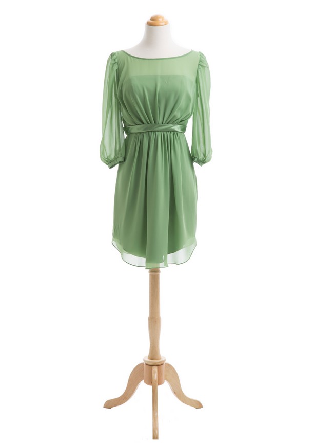Long Sleeve Modest Green Bridesmaid Dress 2016 Chiffon Cheap Short ...